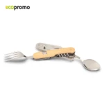 Set de cubiertos de camping plegable con tenedor, cuchillo y sacacorchos, mango de bambú.