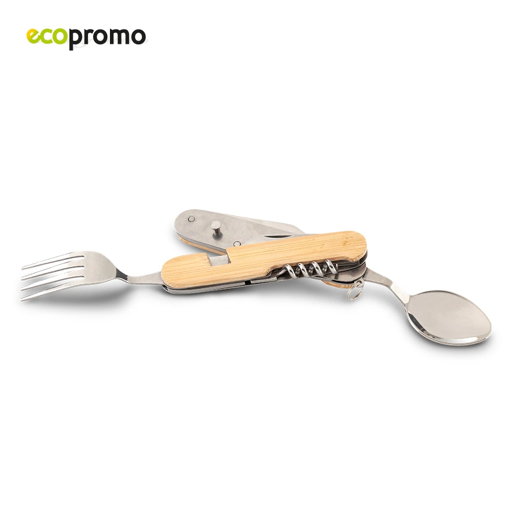Set de cubiertos de camping plegable con tenedor, cuchillo y sacacorchos, mango de bambú.