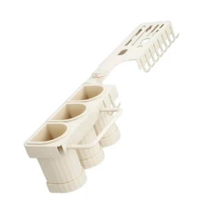 Organizador ajustable de cocina blanco, para cubiertos, con múltiples compartimentos y ganchos.
