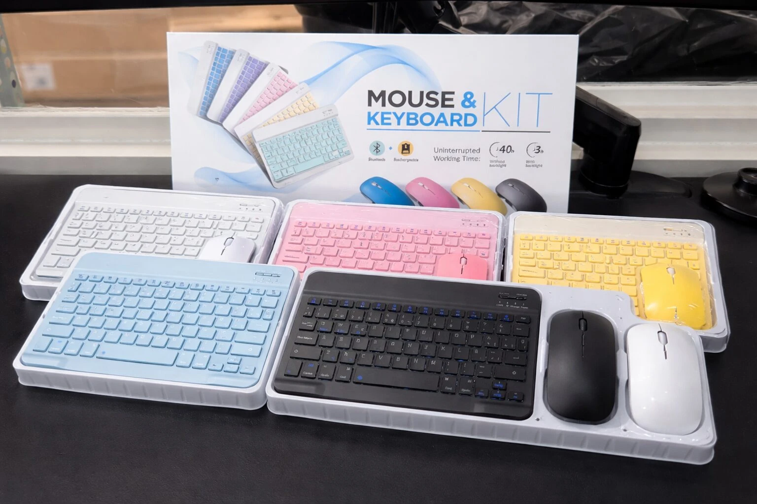 Combo de teclado y mouse inalámbrico en colores pastel, negro y blanco, ideales para portátiles.