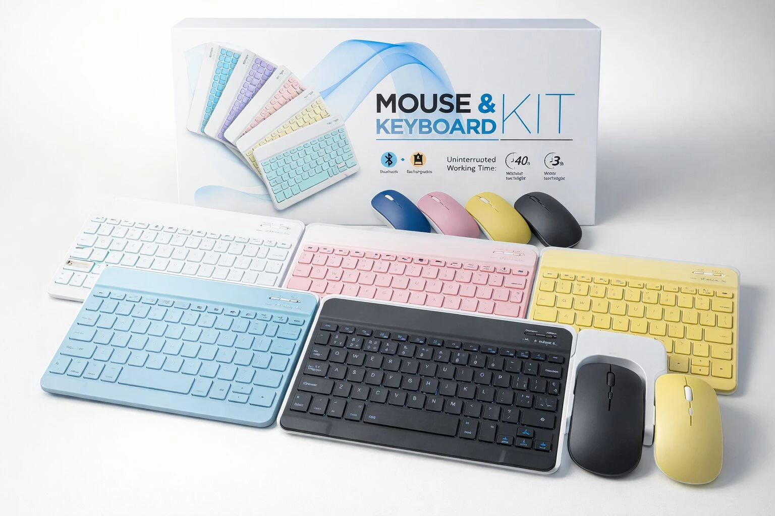 Combo de teclado y mouse inalámbrico en colores pastel: blanco, azul, rosa, amarillo y negro.
