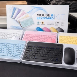 Combo teclado y mouse inalámbricos: blanco, azul claro, rosa y amarillo, para varias computadoras.