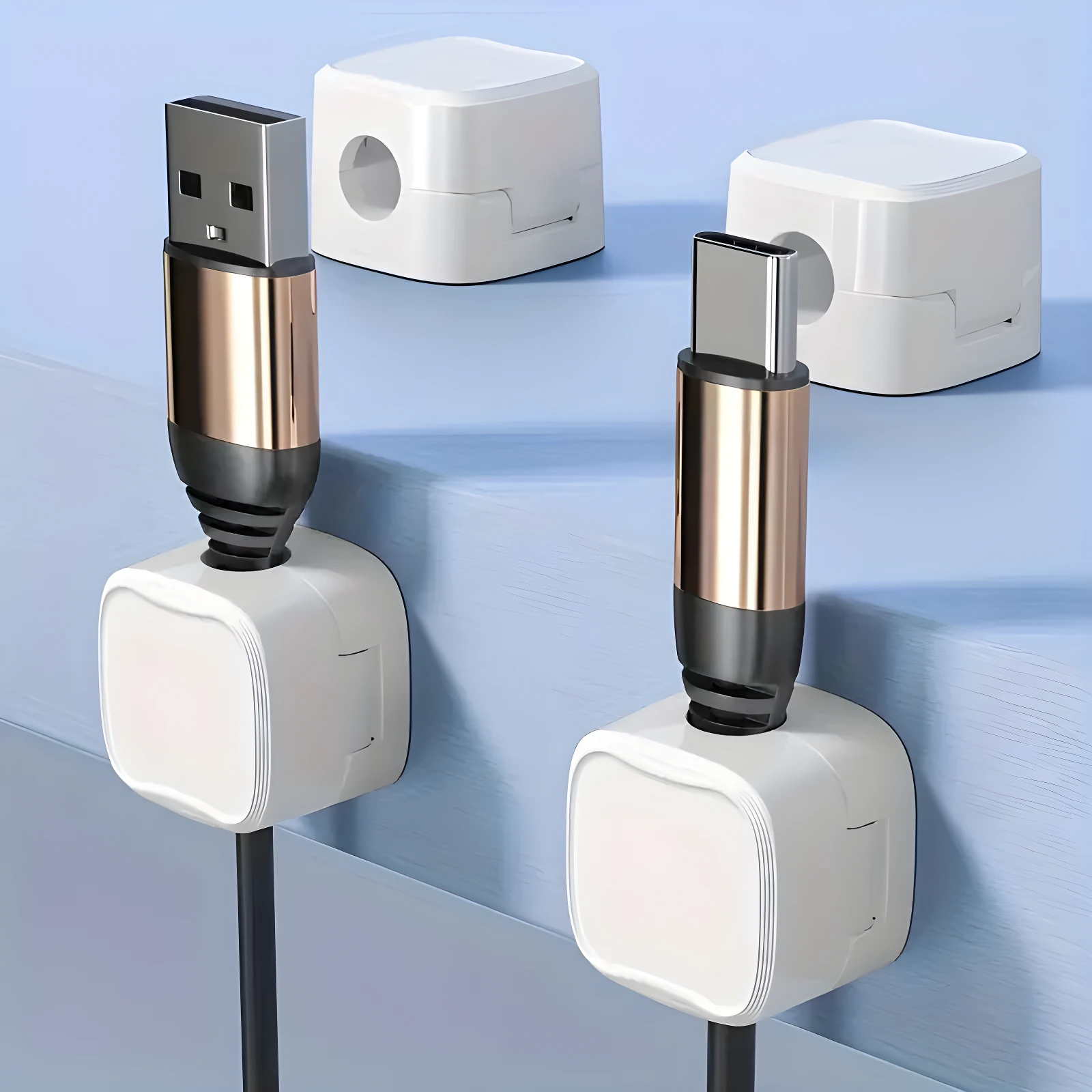 Organizador de cables magnético color blanco, incluye cinco soportes cuadrados con sistema de cierre para fijar y mantener los cables organizados.