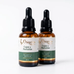 Dos frascos ámbar con gotero negro de sérum para cejas y pestañas "Orígenes" 25ml con vitamina E.
