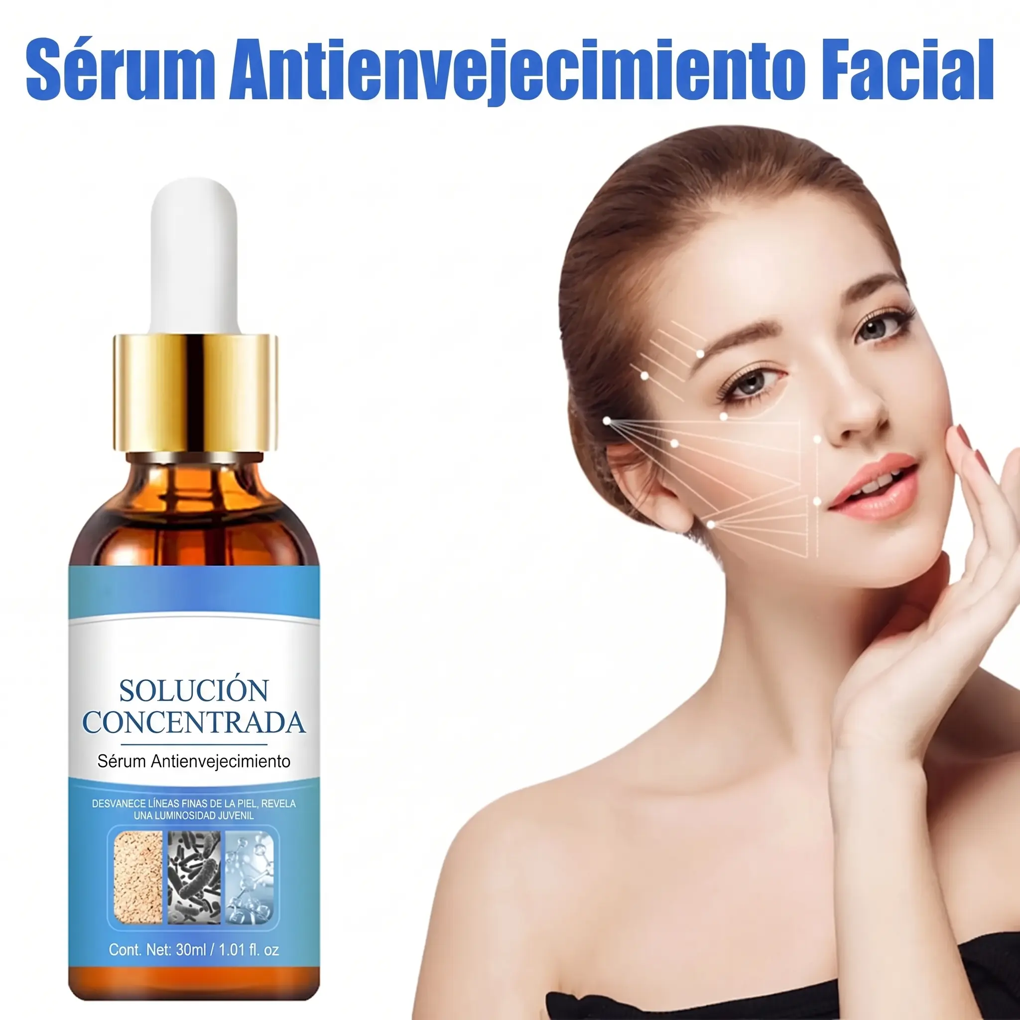 Frasco de vidrio ámbar de 30 ml con gotero dorado y etiqueta azul para solución concentrada antienvejecimiento, junto a una mujer tocando su rostro.