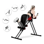 Mujer rubia haciendo ejercicio en máquina abdominal Ab Vertical con estructura negra y soporte rojo. Iconos de 5 ejercicios.