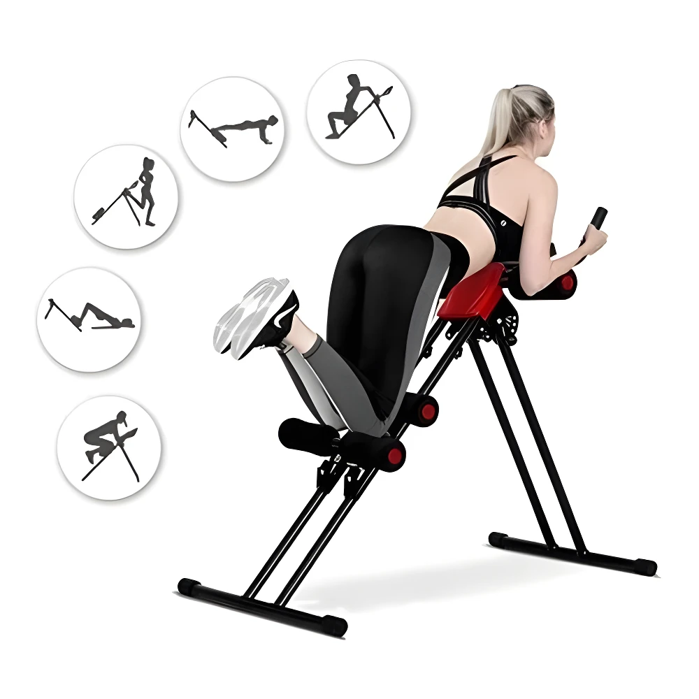 Mujer rubia haciendo ejercicio en máquina abdominal Ab Vertical con estructura negra y soporte rojo. Iconos de 5 ejercicios.