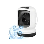 Aire acondicionado portátil blanco con ventilador, hielo y salpicaduras de agua, ideal para refrescar espacios personales.