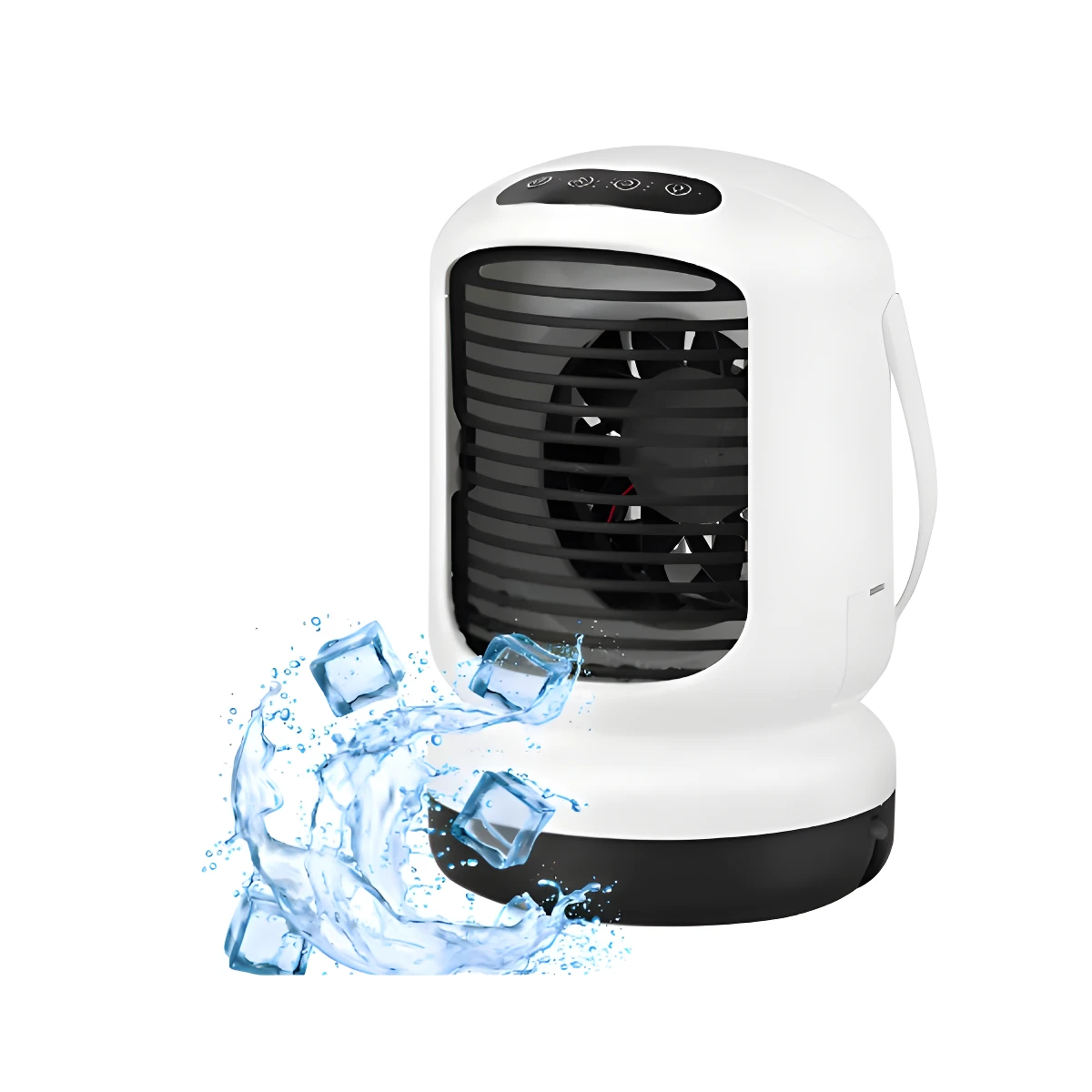 Aire acondicionado portátil blanco con ventilador, hielo y salpicaduras de agua, ideal para refrescar espacios personales.