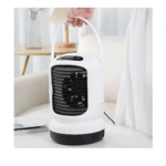 Aire acondicionado portátil blanco con ventilador negro, asa superior, controles touch.