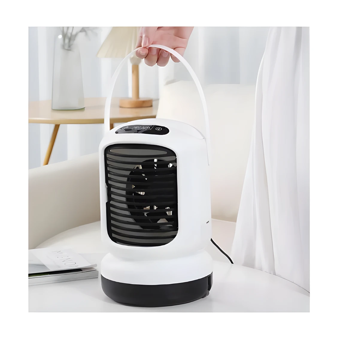 Aire acondicionado portátil blanco con ventilador negro, asa superior, controles touch.