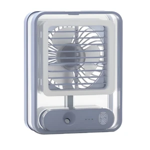 Ventilador portátil blanco y gris con humidificador integrado, ideal para escritorio y descanso.