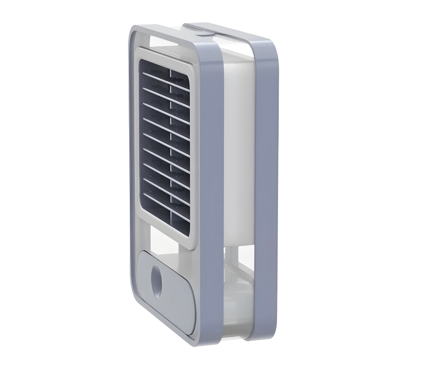 Mini aire acondicionado portátil gris y blanco, humidificador y ventilador para espacio de trabajo.