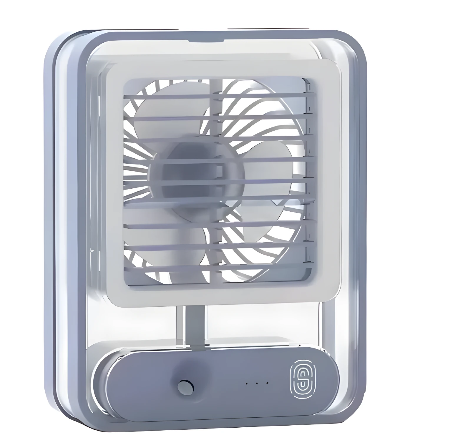 Ventilador portátil 3 en 1 gris con humidificador y base de control.