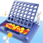 Juego de mesa Connect 4 azul con fichas rojas y amarillas, un jugador lanza ficha.
