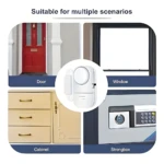 Alarma antirrobo inalámbrica con sensor magnético en uso en puerta, ventana, gabinete y caja fuerte.