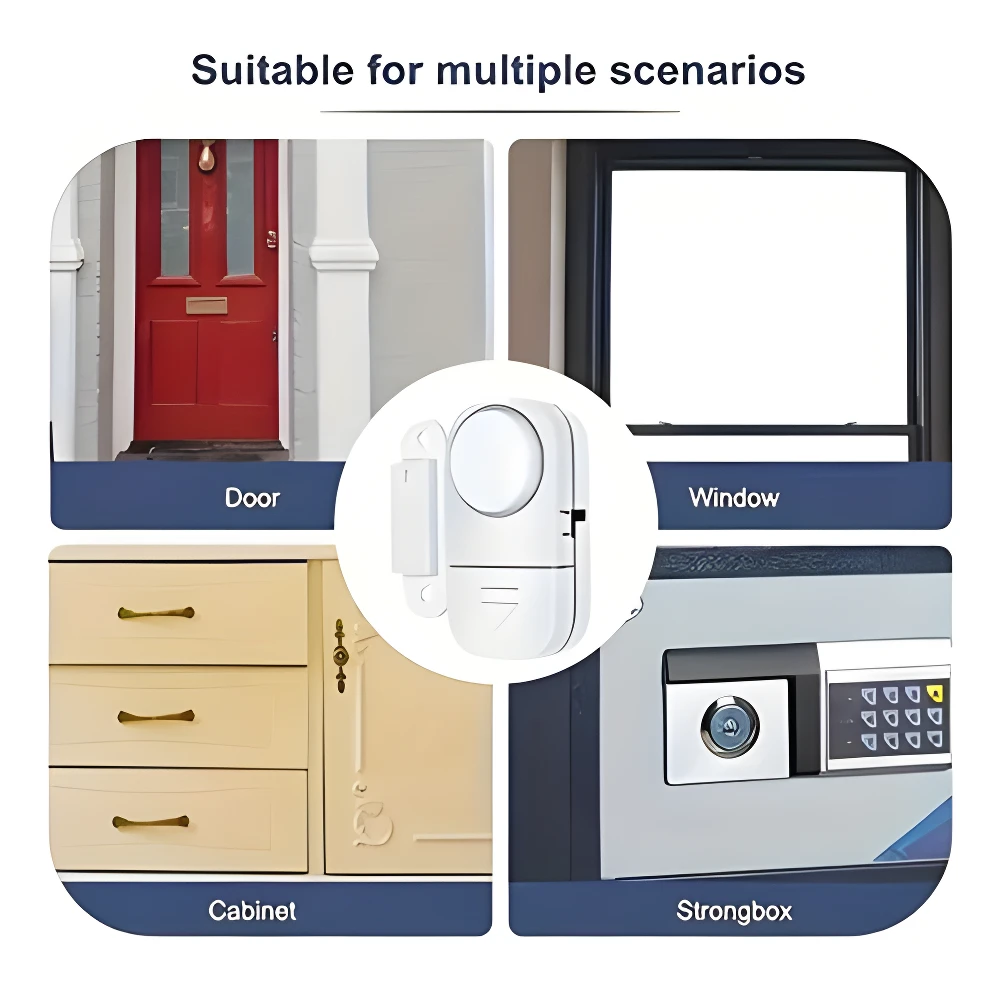Alarma antirrobo inalámbrica con sensor magnético en uso en puerta, ventana, gabinete y caja fuerte.
