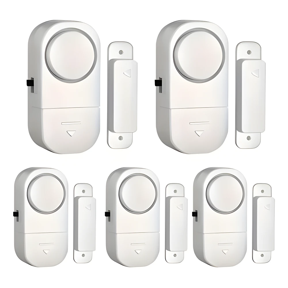 Set x2 alarmas antirrobo inalámbricas blancas con sensor magnético para puertas y ventanas.
