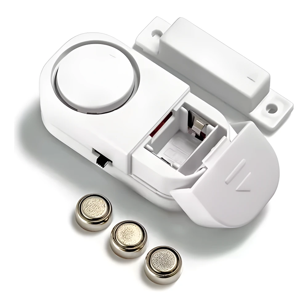 Alarma magnética inalámbrica blanca para puertas y ventanas, incluye 3 baterías tipo botón.