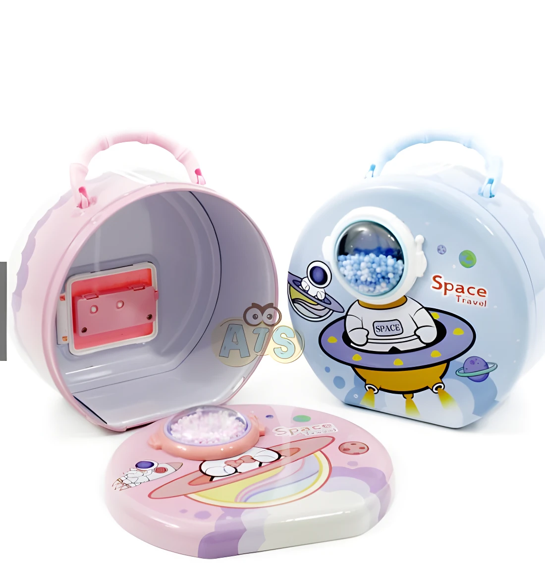 Alcancías de hierro con diseño espacial y astronautas, una rosa abierta y otra azul cerrada con contraseñas.