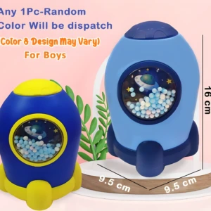 Alcancía en forma de cohete azul y amarillo para niños, con diseño espacial, 16 cm alto.