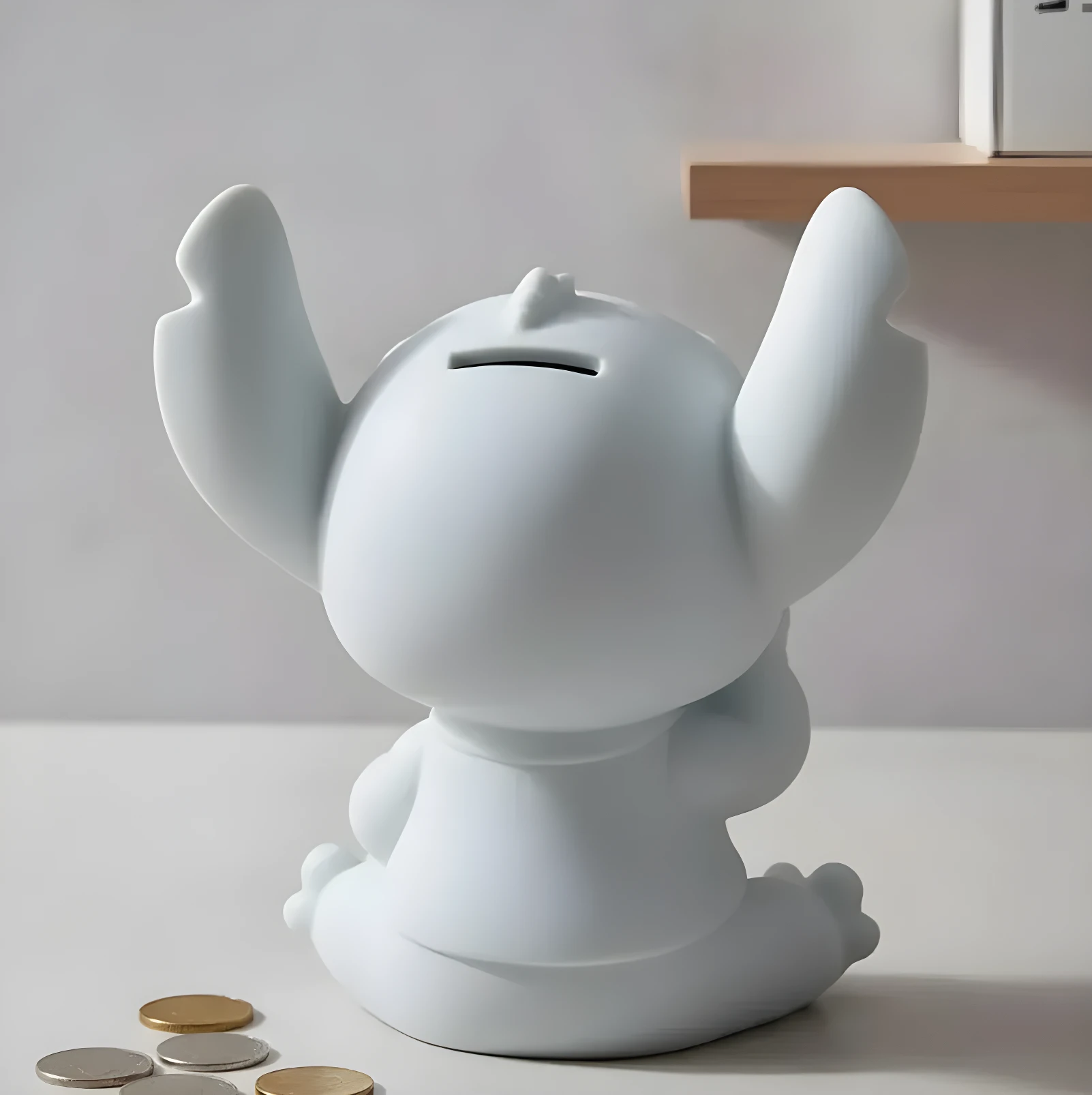 Alcancía blanca de Stitch sentado con los brazos levantados, listo para pintar, con monedas al frente.