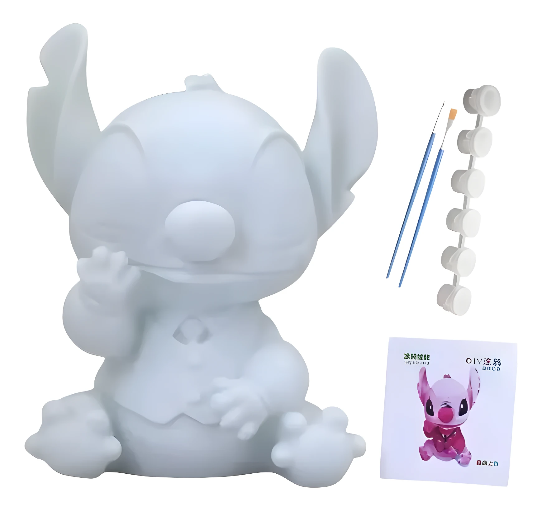 Alcancía de Stitch de vinil blanco para pintar, incluye pinceles y pinturas.