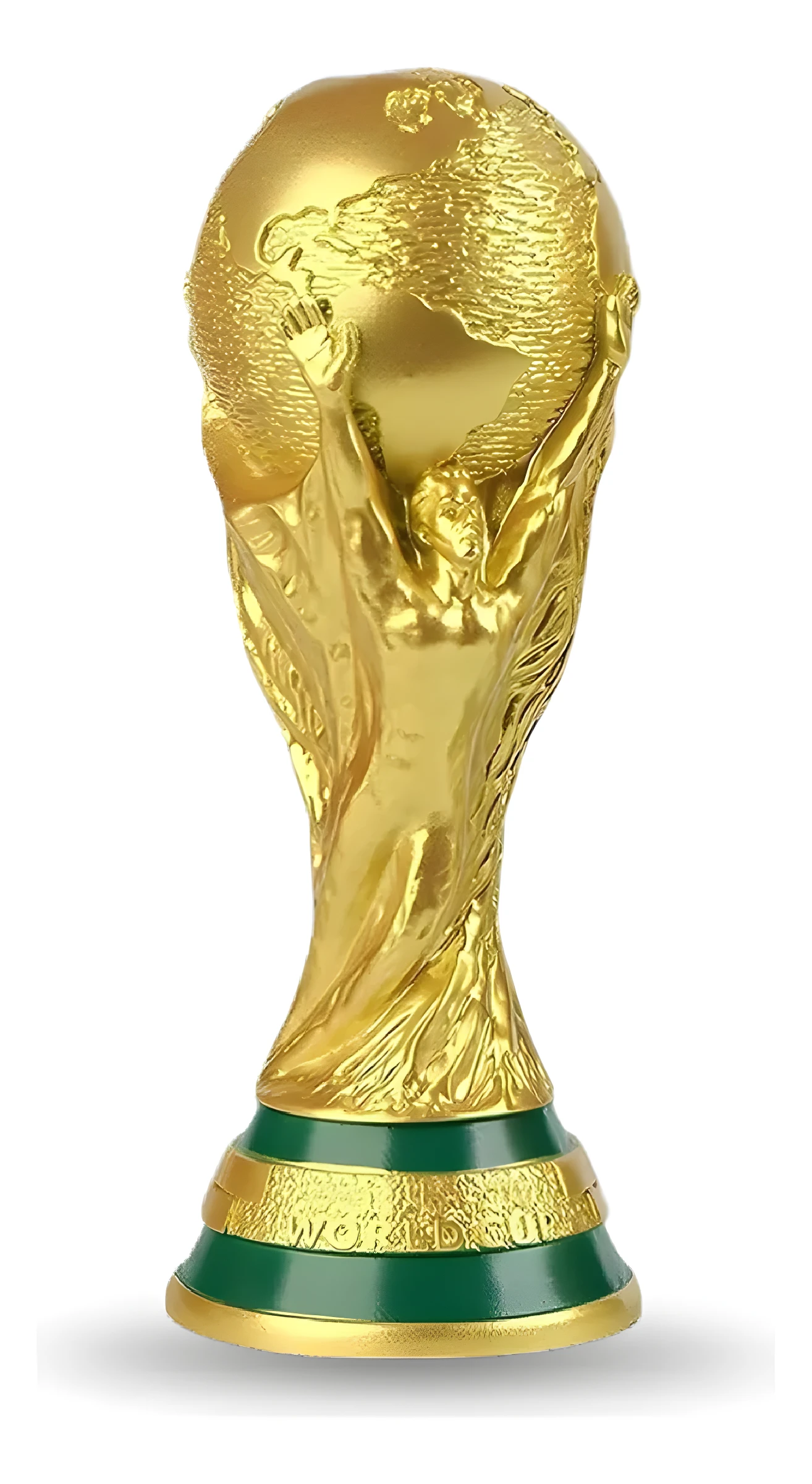 Alcancía dorada tipo trofeo Copa Mundial, con base verde y detalles del evento, ideal para coleccionistas.