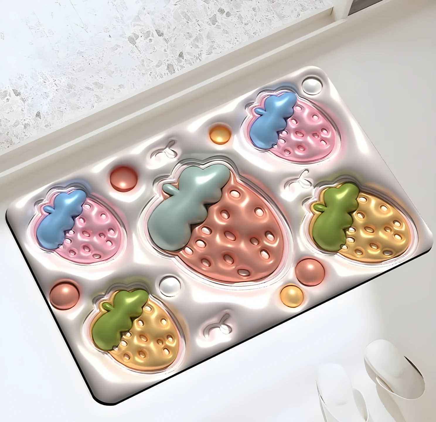 Tapete de baño con relieve 3D de fresas coloridas, textura brillante y base antideslizante, junto a zapatillas blancas.