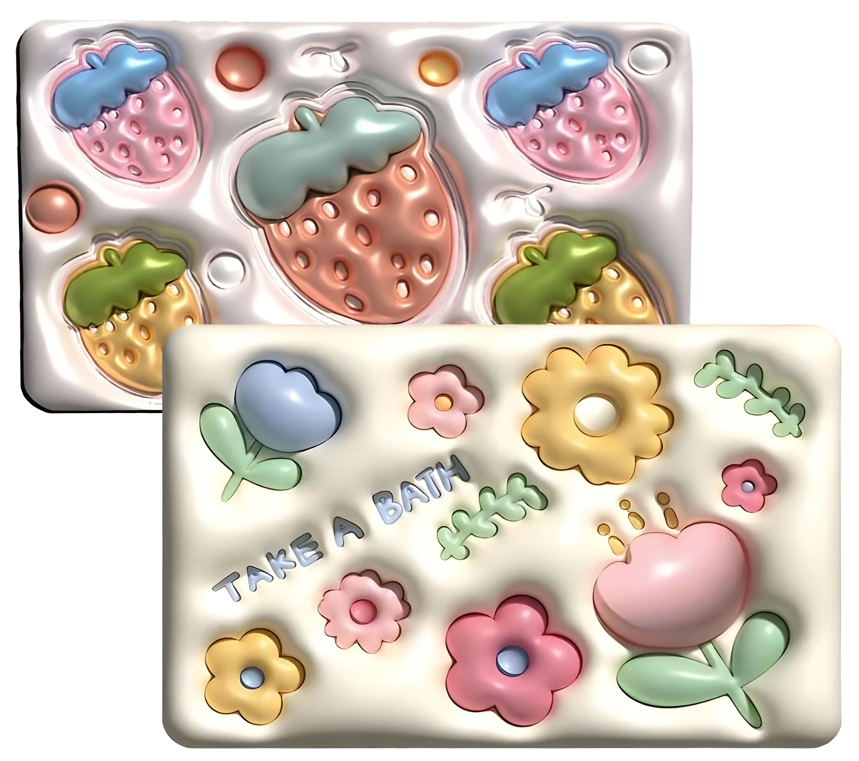 Molde blanco con figuras 3D de fresas en tonos pastel y flores "Take A Bath" para hacer bombas de baño o jabones.