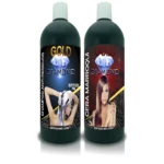 Dos botellas de champú y cera alisadora Gold Diamond de 1 litro con etiquetas que muestran diamantes y modelos.