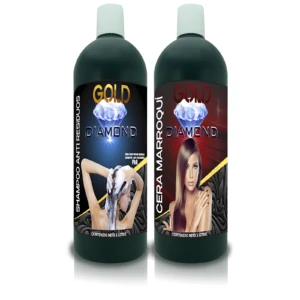 Dos botellas de champú y cera alisadora Gold Diamond de 1 litro con etiquetas que muestran diamantes y modelos.