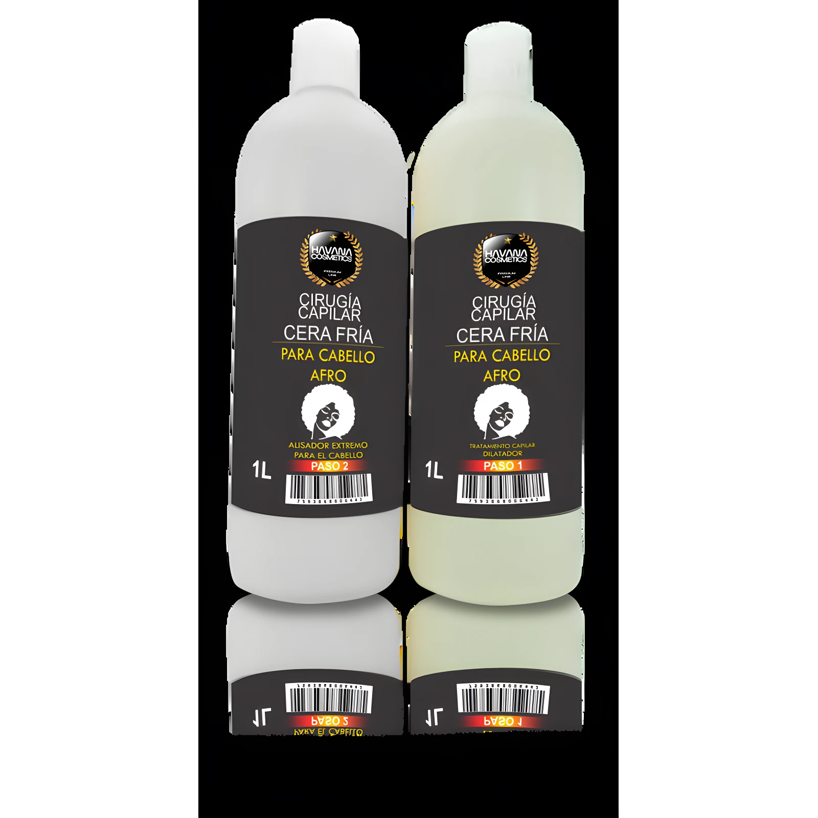 Dos botellas de 1L de Havanna Cirugía Capilar Cera Fría para Cabello Afro, paso 1 y 2.