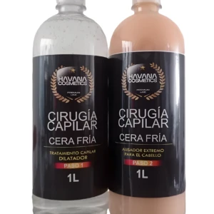 Dos botellas de 1L de Cera Fría Havanna Cosmetics, paso 1 transparente y paso 2 beige, para alisado capilar.