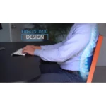 Vista lateral de persona sentada con camisa azul usando teclado, destacando soporte lumbar ergonómico con visualización de columna vertebral.