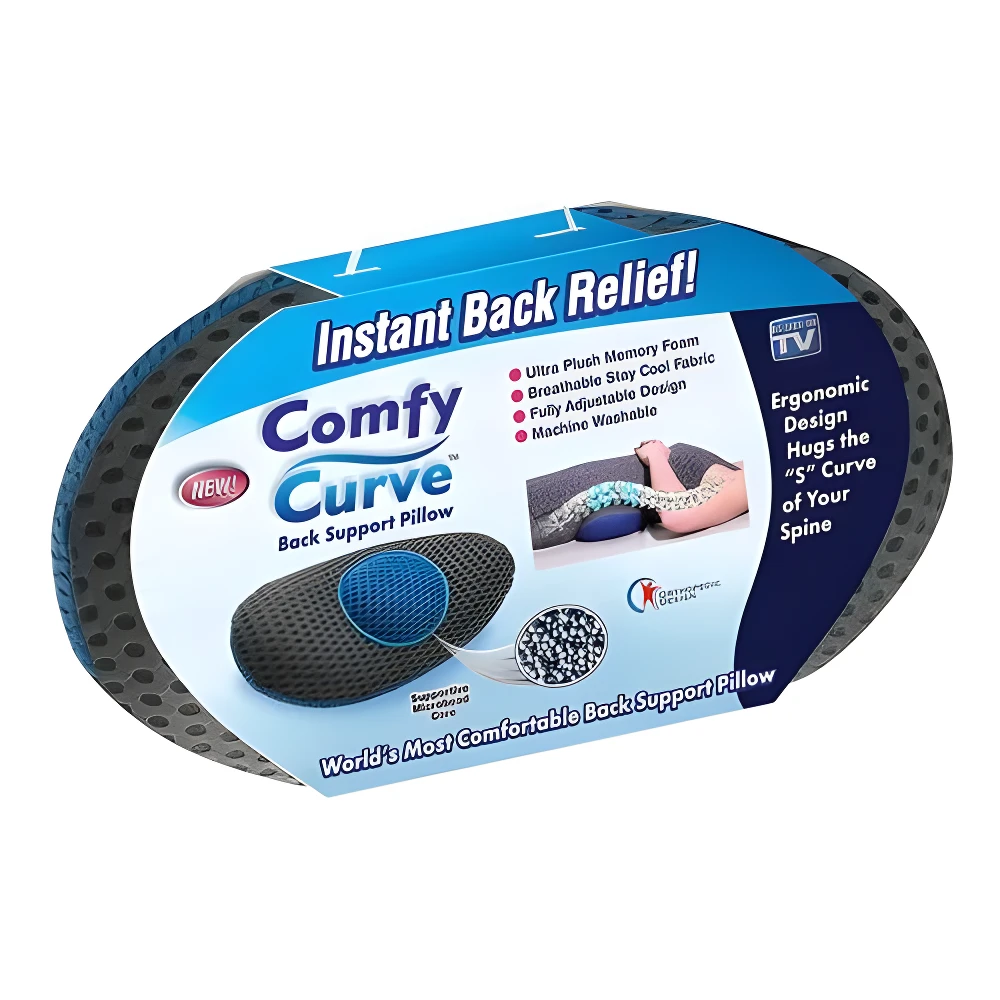 Empaque de almohada lumbar Comfy Curve gris oscuro, soporte ergonómico con espuma viscoelástica, "Instant Back Relief".