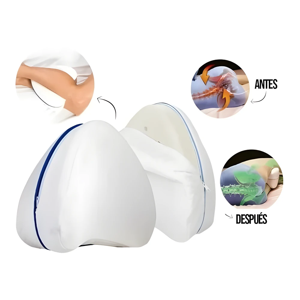 Almohada ergonómica para piernas, blanca con borde azul, mostrando antes y después de alivio.