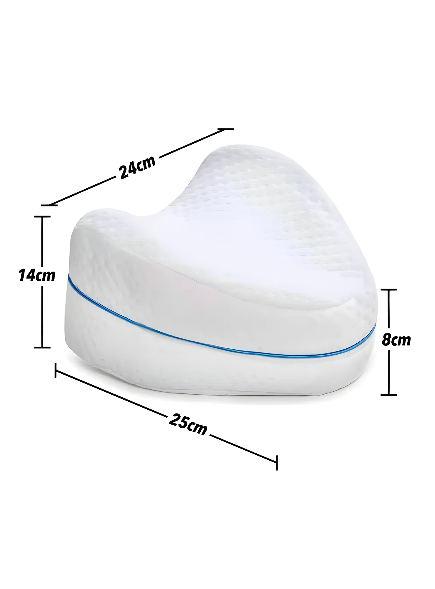 Almohada para piernas Leg Pillow blanca con borde azul, mide 24x25cm, alto 14cm y 8cm.