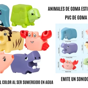 Seis juguetes flotantes de goma estilo bloque (elefante azul, tortuga verde, tigre, cangrejo rosa, hipopótamo morado y cerdo rosa) con sonido, medidas en cm y pulgadas.