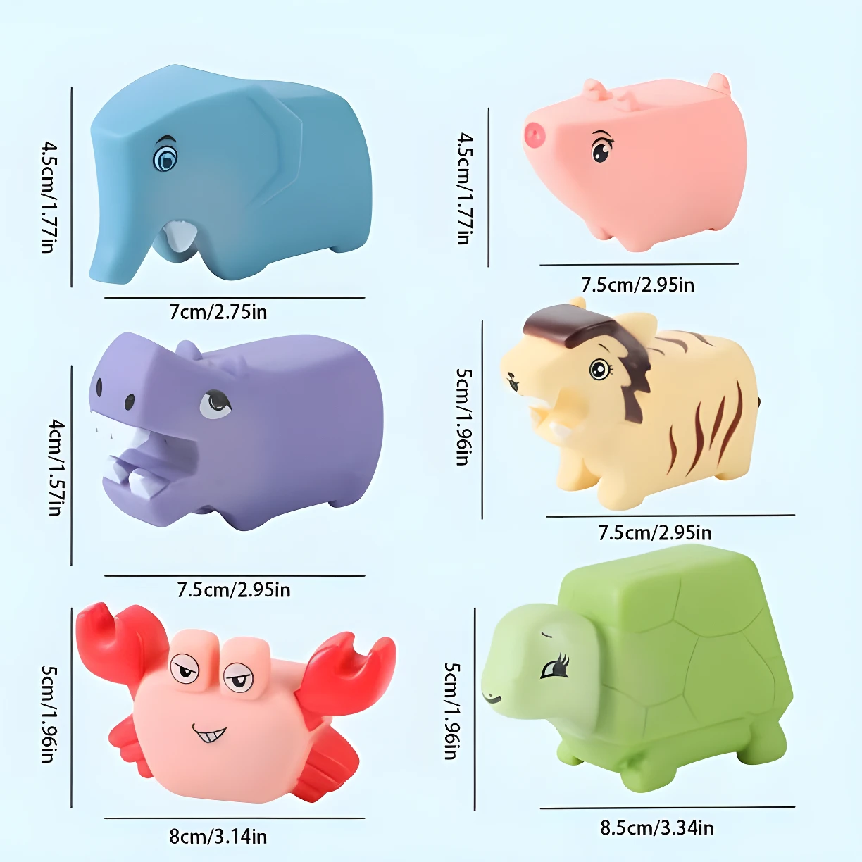 Set de 6 juguetes de goma flotantes para baño: elefante azul (7cm), cerdo rosa, hipopótamo morado (4cm), tigre, cangrejo rojo y tortuga verde (8.5cm).