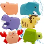 Set de 6 juguetes de goma flotantes para baño: cerdo naranja, elefante azul, hipopótamo morado, tigre amarillo, cangrejo y tortuga verde.