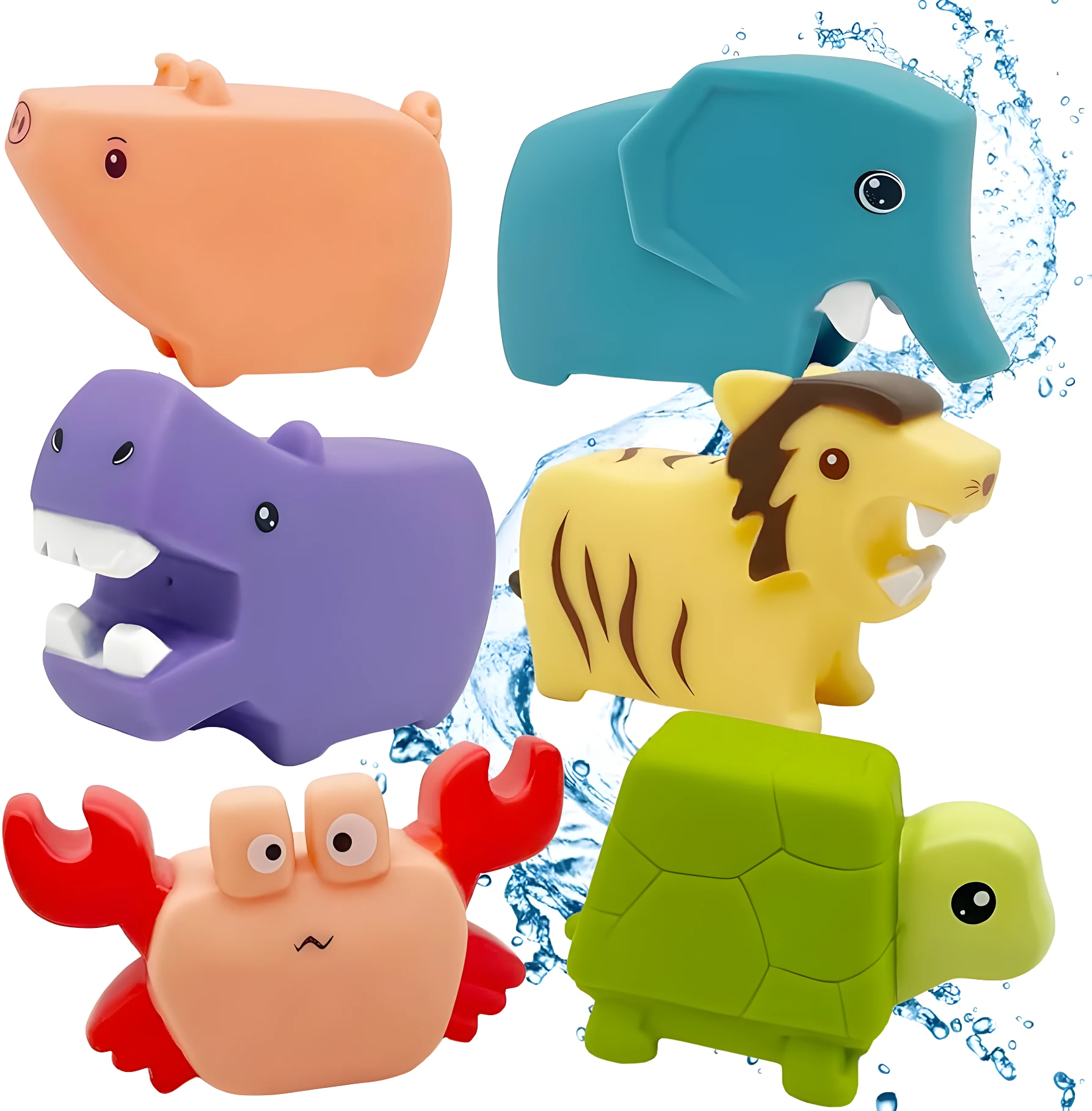 Set de 6 juguetes de goma flotantes para baño: cerdo naranja, elefante azul, hipopótamo morado, tigre amarillo, cangrejo y tortuga verde.
