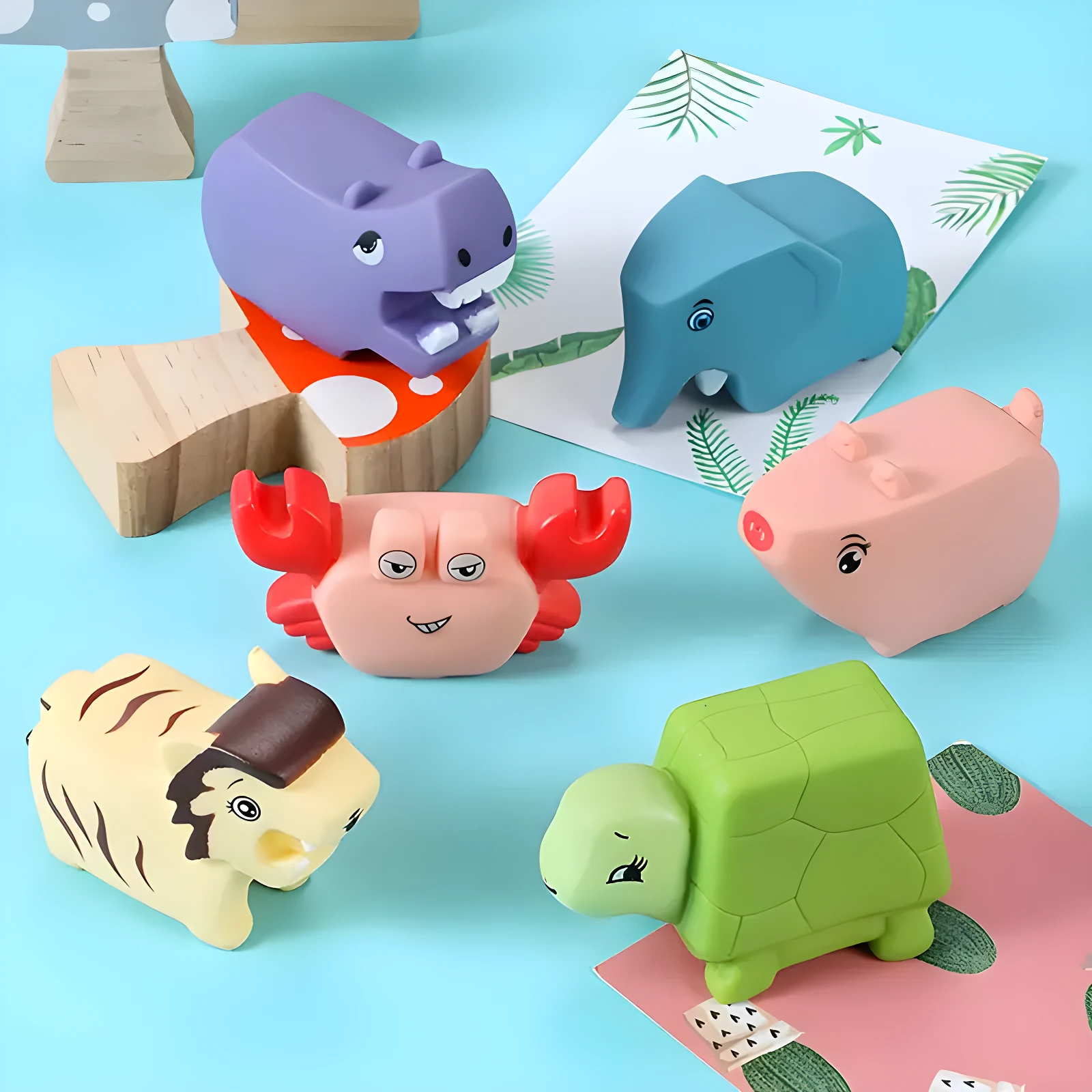 Set de seis juguetes de animales flotantes de goma: hipopótamo morado, elefante azul, cerdo rosa, cangrejo rojo, tigre amarillo y tortuga verde, sobre fondo azul claro.
