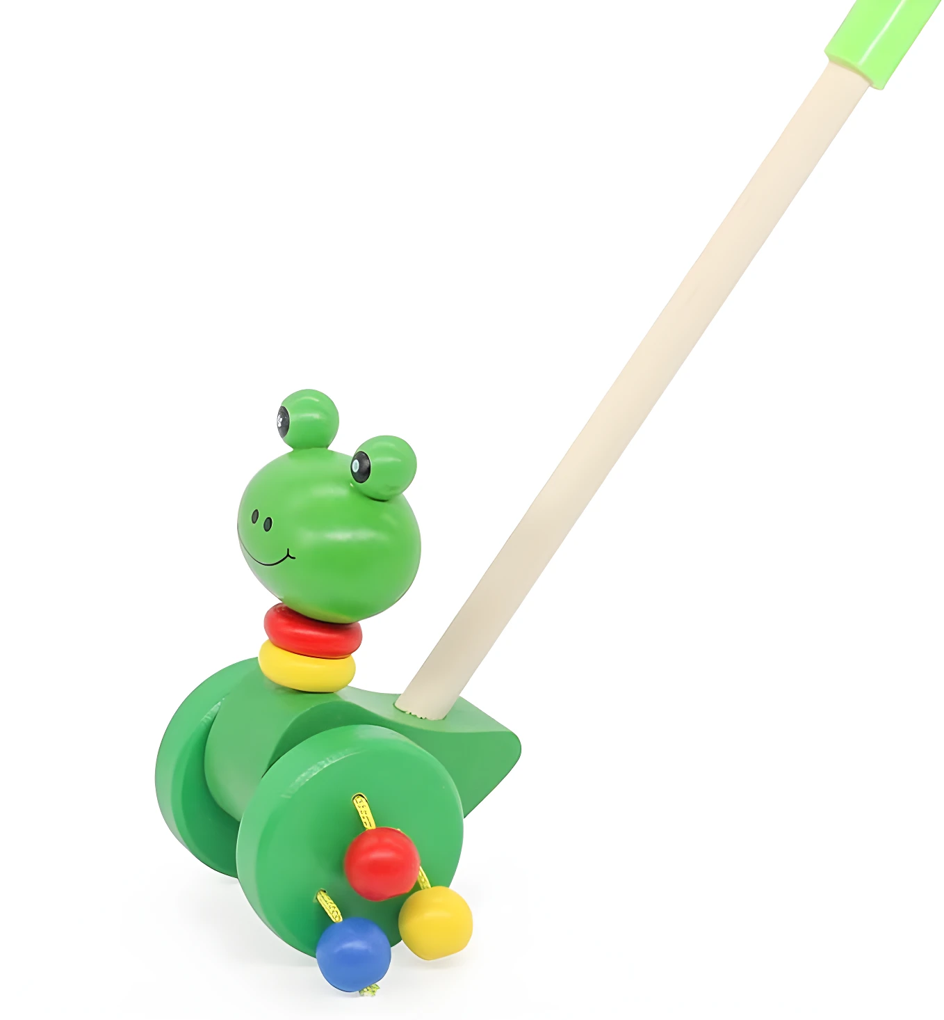 Caminador de madera para empujar con figura de rana verde, cuello con anillos rojo y amarillo, ruedas con cascabeles de colores.