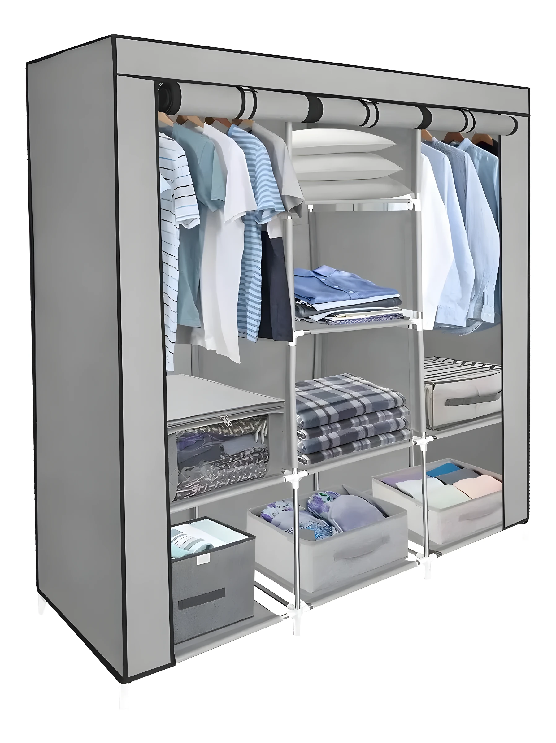 Armario organizador plegable gris con ropa colgada y doblada, incluye cajas de tela.