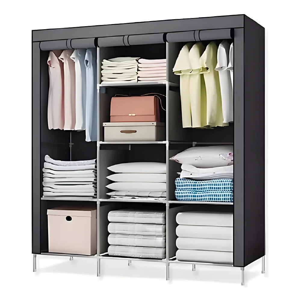 Armario organizador plegable de tela gris, 3 cuerpos, con ropa y blancos apilados.