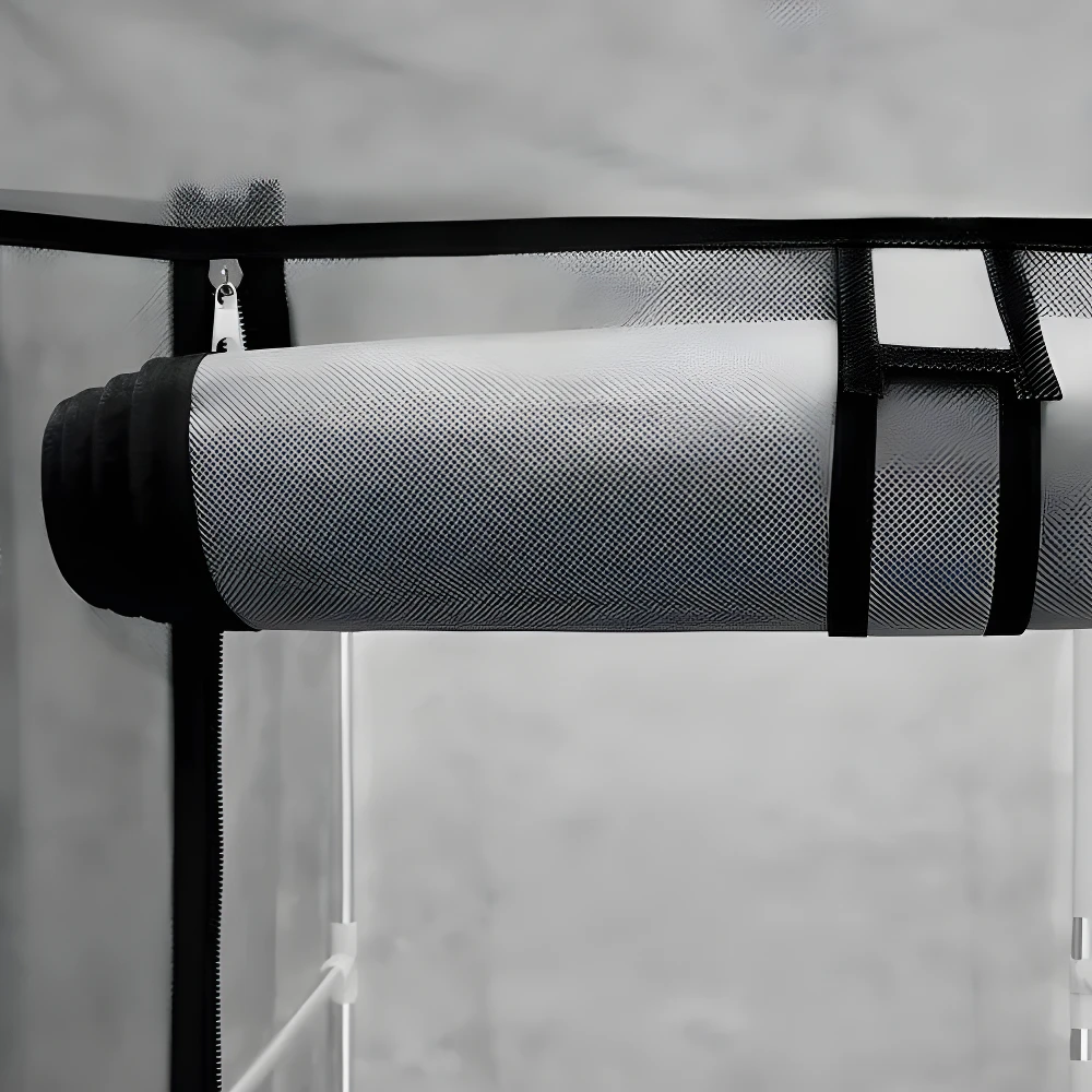 Armario organizador plegable de tela gris, rollo cerrado.