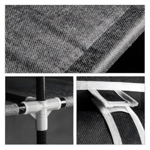 Detalles de armario organizador: textura rejilla negra, conector plástico gris, y cierre con banda elástica.