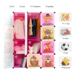 Armario organizador rosa de tela para ropa y juguetes infantiles, con 10 compartimentos y diseños de animales.