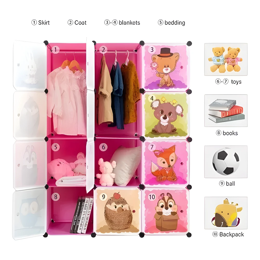 Armario organizador rosa de tela para ropa y juguetes infantiles, con 10 compartimentos y diseños de animales.